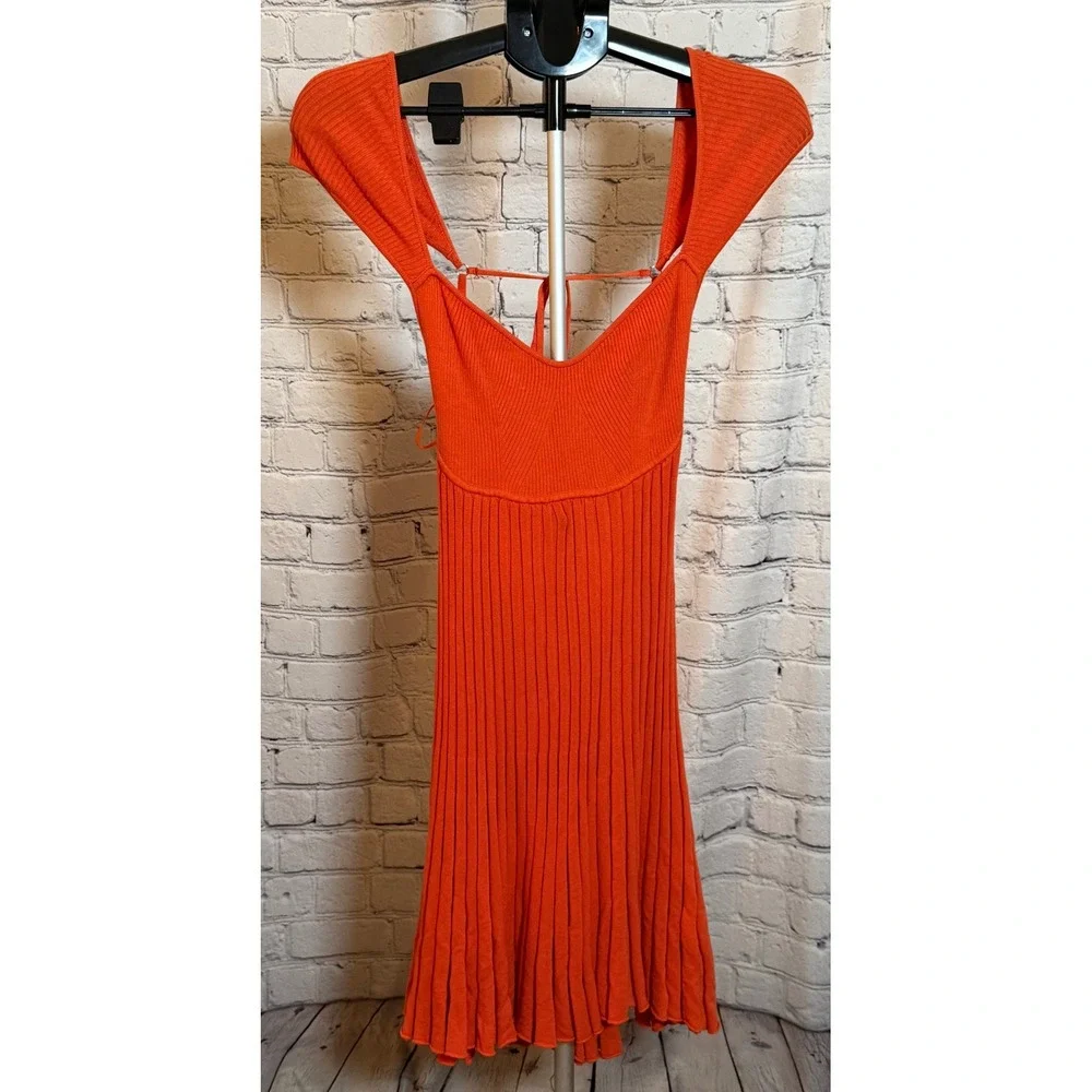 Free People Cherie Mini Dress Orange Ribbed Open Back Fit Flare Size L NWOT